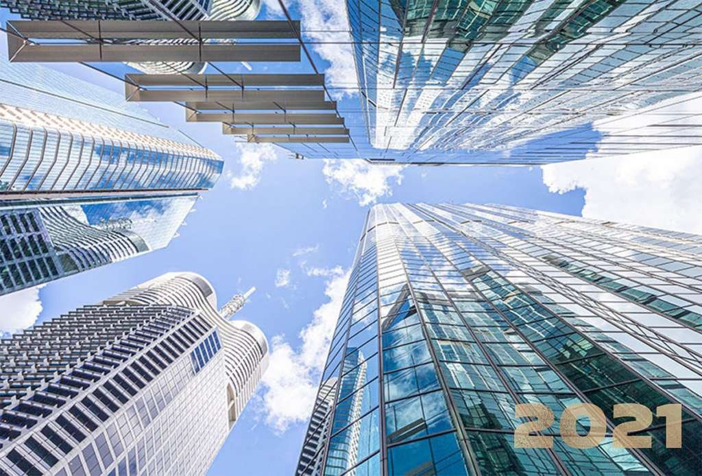 looking up at skyscrapers